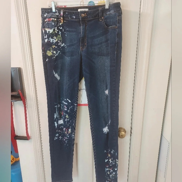AP Blue Aphrodite Jeans Mid Rise Paint Platter Distressed Skinny Jeans Size 1X - Picture 1 of 12